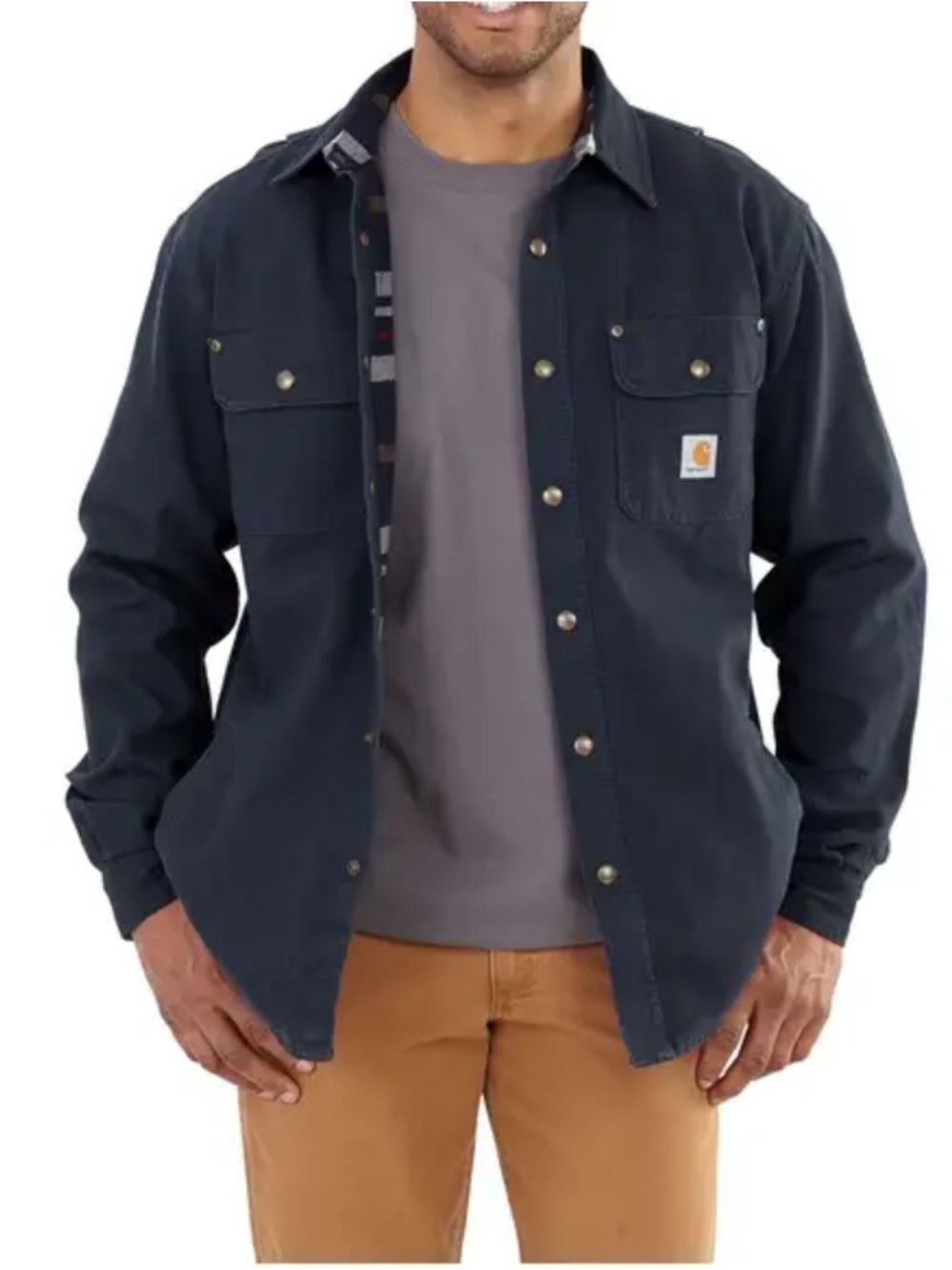 Carhartt Navy Weathered Canvas Shirt Jacket with Tan Pants